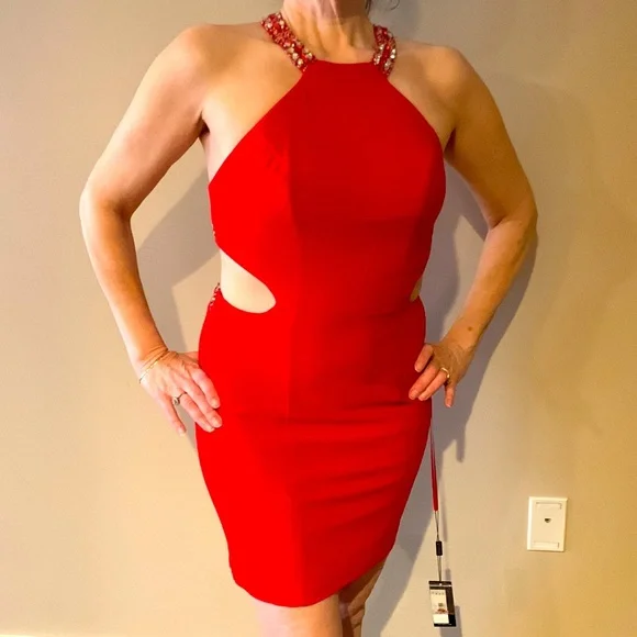 slim fit dress slacks Primavera Couture 3353 Size 0, 10 Red Cocktail Dress Sequin Backless V Neckline Fitted Gown 10 / Red main image 1